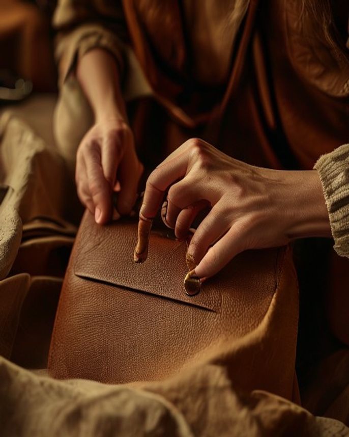 An artisan's hands saddle-stitching a cognac leather bag