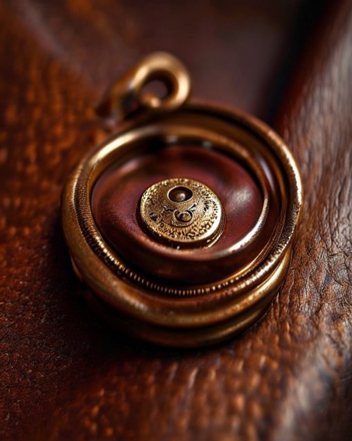 Macro of an aged solid-brass turn-lock clasp on cognac leather