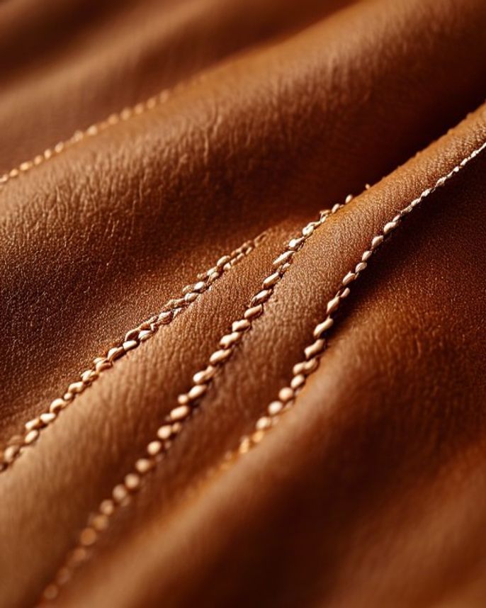 Macro of hand saddle-stitching in waxed ecru thread through cognac leather