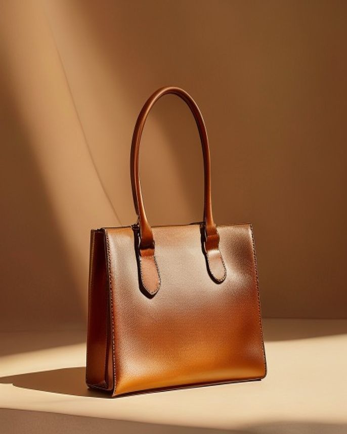 A single sculptural cognac leather handbag lit as a museum object