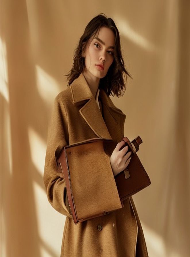 A woman in a camel coat holding a tobacco Máron bag